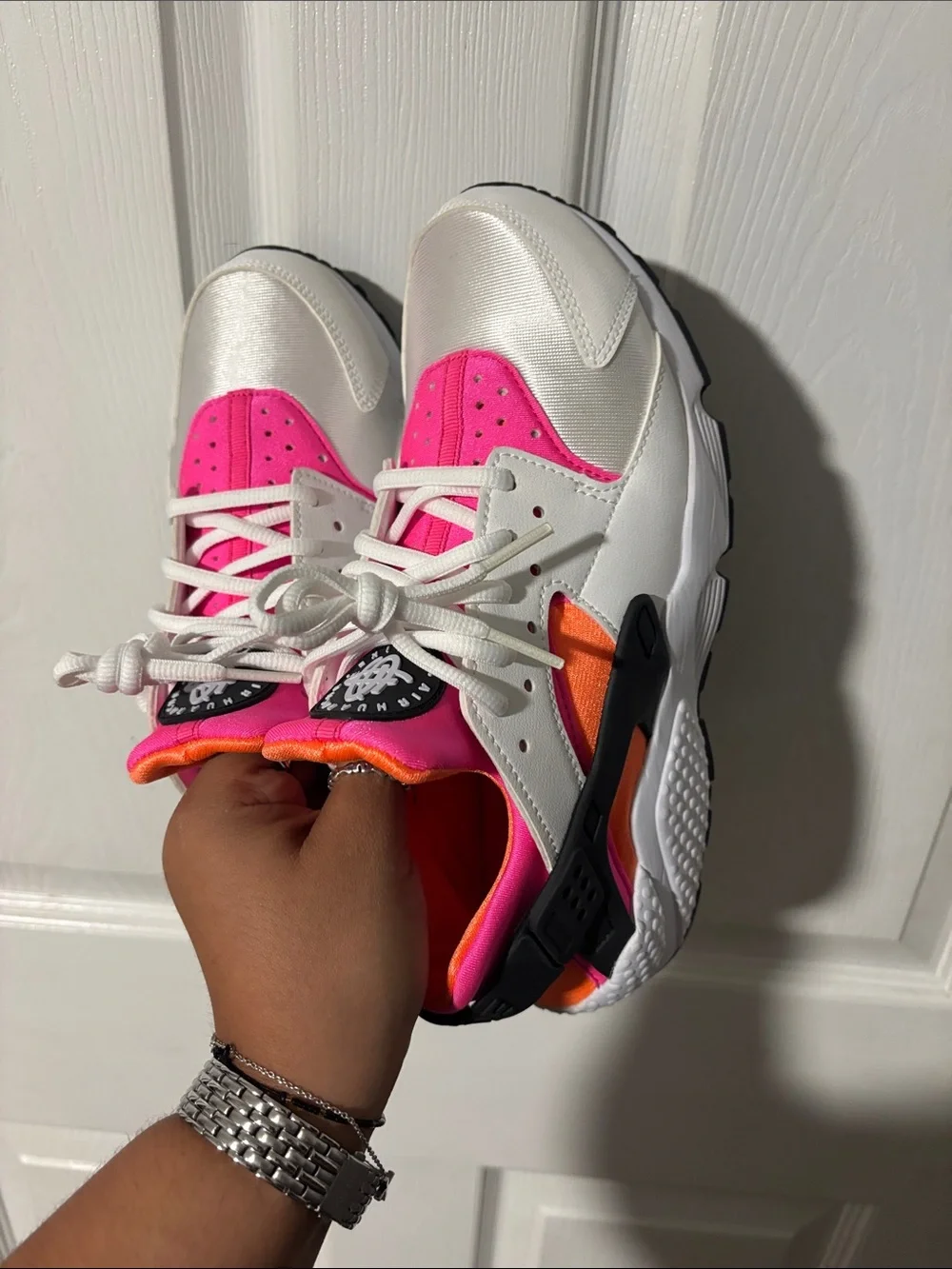 Women’s huaraches White Sneakers with Pink & Orange Accents